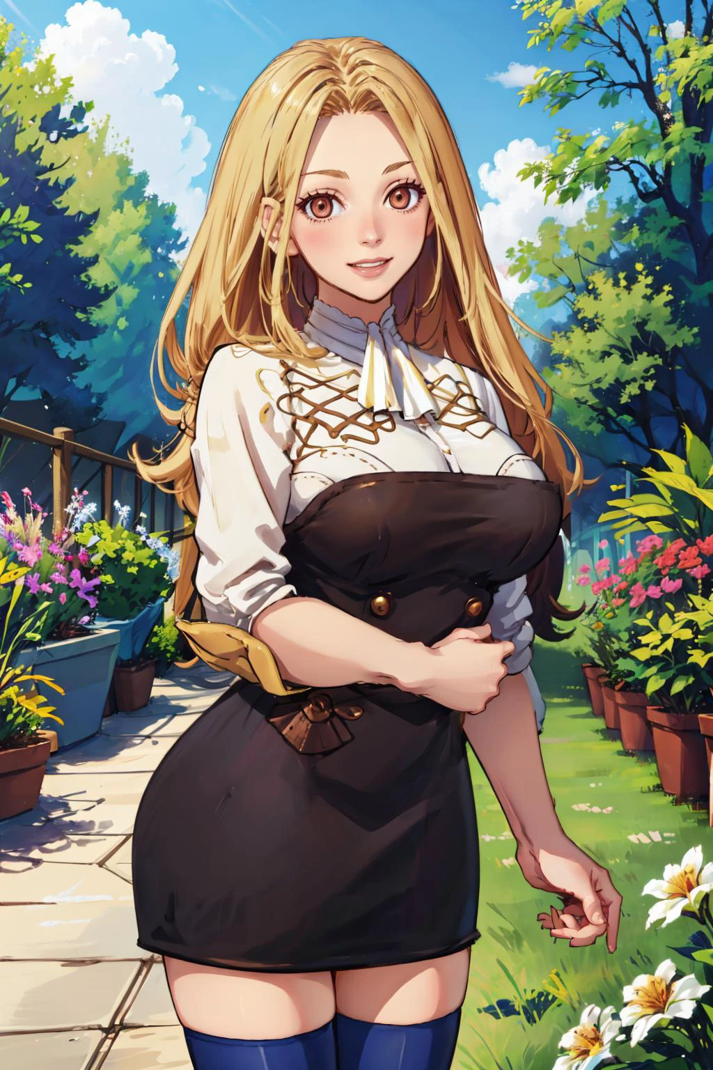 masterpiece, best quality, <lora:FinalFantasy_FemaleArcher:0.9> ArcherFFT, long hair, (low-tied long hair), brown eyes, blonde hair, <lora:gmuniform2-nvwls-v1:1.2> gmuniform, blue thighhighs, garden, large breasts, grin, cowboy shot, looking at viewer