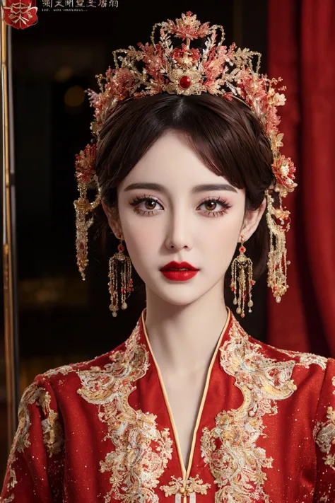 qu(dramatic, gritty, intense:1.4),masterpiece,best quality,8k,insane details,intricate details,hyper quality,high detail,ultra detailed,realistic,
a woman in a red and gold dress with a tiara on her head,(solo:1.5),hair stick,blush,shy,black_hair,crown,(2 red candles),chinese_clothes,curtains,earrings,hair_ornament,hanfu,Perfect proportions,indoors,jewelry,long_sleeves,red dress,red lips,(Red quilt),(red palace:1.2),
A shot with tension,(sky glows red,Visual impact,giving the poster a dynamic and visually striking appearance:1.2),Chinese Zen style,impactful picture,(upper body:1.5),eyeshadow,eyeliner,red lips,(Lower one's head,Gloom:1.3),
detailed eye description,Delicate Faces,(Beautiful and detailed facial depiction),Realistic skin,<lora:fgxp:0.8>,