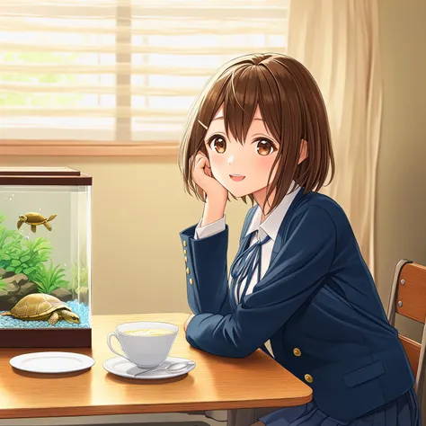 (masterpiece:1.2, best quality:1.1, highres,absurdres, high quality),(photorealistic:1.1),reflected light, colorful,ultra-detailed,8k, ultra hd, super detailed,
hirasawa yui,short hair, brown hair, brown eyes, school uniform, pleated skirt, white shirt, partially unbuttoned, (small cake),teacup, happy, sitting on chair, school, table, indoor, wooden floor,from side,full body, , BREAK, (one turtle inside aquarium, aquarium),
<lora:yui_xl_rev2:0.7> <lora:add-detail-xl:0.4>,soft light, dark,