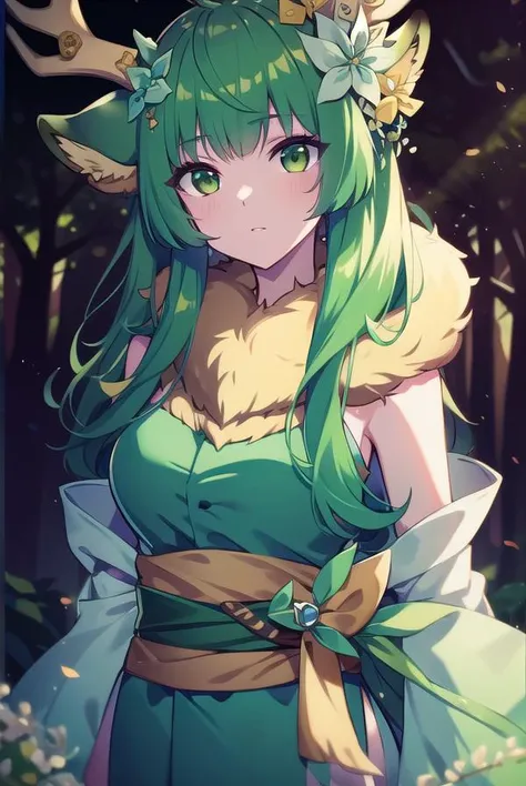 harukakaribu, <lora:harukakaribu-lora-nochekaiser:1>,
haruka karibu, animal ear fluff, animal ears, antler ornament, antlers, (green eyes:1.5), green hair, long hair, reindeer antlers, reindeer girl,
BREAK barefoot, detached sleeves, dress, fur trim, fur-trimmed dress, green dress, green sleeves, hair flower, hair ornament,
BREAK looking at viewer,
BREAK outdoors,
BREAK <lora:GoodHands-vanilla:1>, (masterpiece:1.2), best quality, high resolution, unity 8k wallpaper, (illustration:0.8), (beautiful detailed eyes:1.6), extremely detailed face, perfect lighting, extremely detailed CG, (perfect hands, perfect anatomy),
