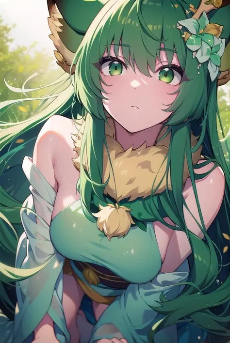 harukakaribu, <lora:harukakaribu-lora-nochekaiser:1>,
haruka karibu, animal ear fluff, animal ears, antler ornament, antlers, (green eyes:1.5), green hair, long hair, reindeer antlers, reindeer girl,
BREAK barefoot, detached sleeves, dress, fur trim, fur-trimmed dress, green dress, green sleeves, hair flower, hair ornament,
BREAK looking at viewer,
BREAK outdoors,
BREAK <lora:GoodHands-vanilla:1>, (masterpiece:1.2), best quality, high resolution, unity 8k wallpaper, (illustration:0.8), (beautiful detailed eyes:1.6), extremely detailed face, perfect lighting, extremely detailed CG, (perfect hands, perfect anatomy),