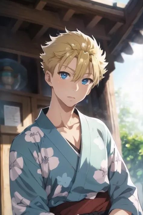 masterpiece, best quality, high quality, 2boys,10yo, , duo, male focus, full body, looking at viewer, yellow hair,spiky hair, no shirt, wearing yukata, steam smork, japan style, anime coloring, shy, home muji style, detailed face, home Thai style, friend is so shy, friend white hair, friend spiky hair, topless, towel on waist