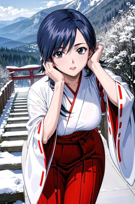 (masterpiece, best quality, detailed), 1girl, solo, looking at viewer, mikictr, lipstick, 1990s (style), retro artstyle,
miko, japanese clothes, red hakama, wide sleeves, white kimono, ribbon trim, hakama skirt, outdoors, winter, mountain, snow, bare tree, scenery, leaning forward, adjusting hair, hand in own hair, hand on own thigh, from above, parted lips