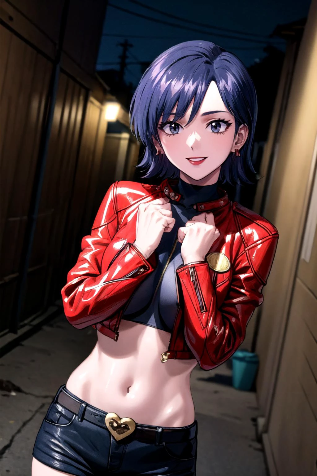 (masterpiece, best quality, detailed), 1girl, solo, looking at viewer, mikictr, lipstick, 1990s (style), retro artstyle, stud earrings, red jacket, cropped jacket, crop top, belt, shorts, parted lips, smile, dutch angle,
<lora:alley:1>, alleyway, industrial pipe, building, urban, power lines, cloudy sky, sign, dark, night, trash can, <lora:breasts_squeezed_together_v0.2:1> breasts squeezed together, hands on own chest