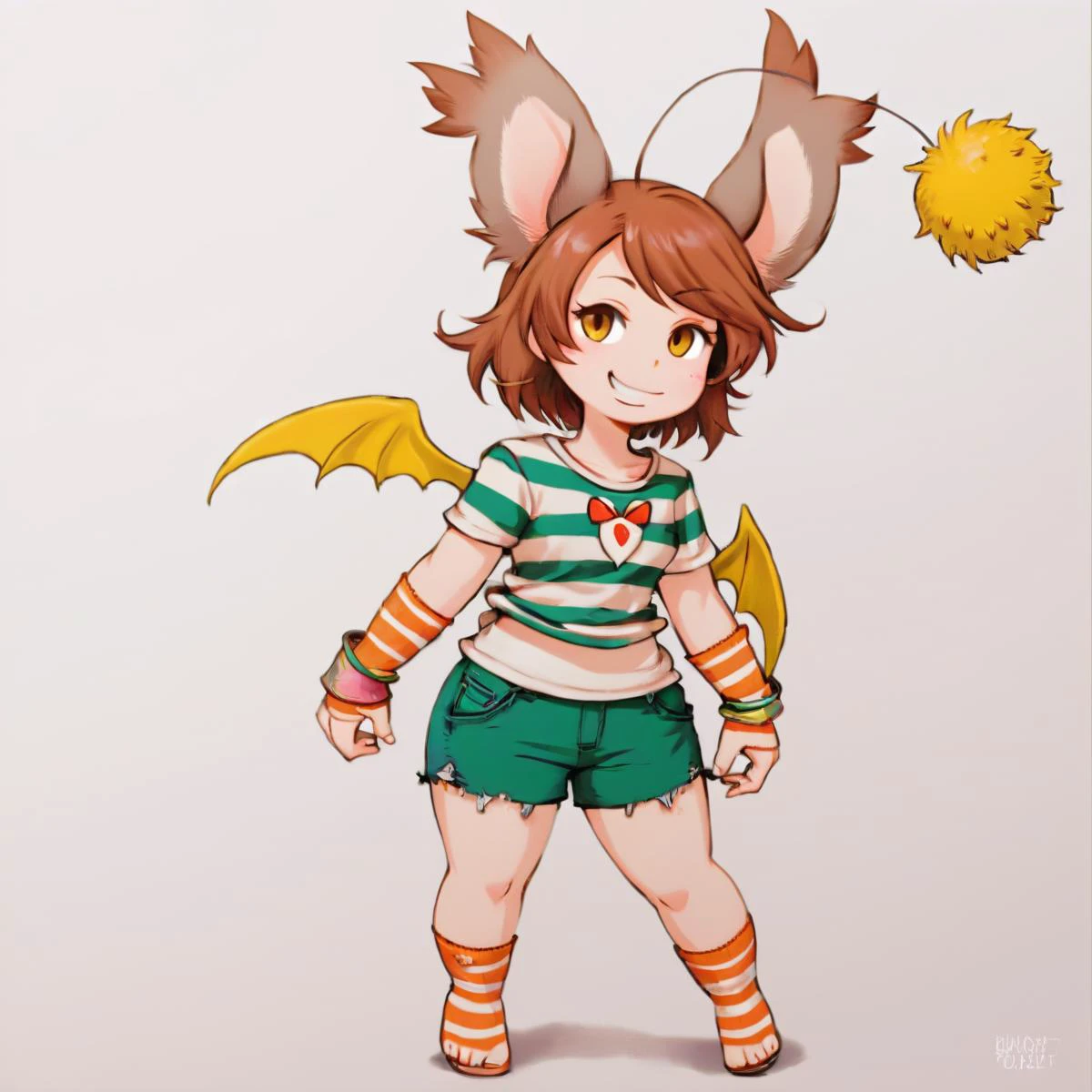 score_9, score_8_up, score_7_up, score_6_up, score_5_up, score_4_up, colored lineart of chara from undertale as a moogle paladin, with orange wings and pompom, brown hair, striped green and yellow t-shirt, brown shorts, outside, standing, evil smile, showing her big human feet with green toenails, wearing anklets and toe rings, showing you her feet as she blushes, close up of her feet, <lora:Moogle_XL-:1> <lora:Final_Fantasy_Tactics_-_Pony:1>
