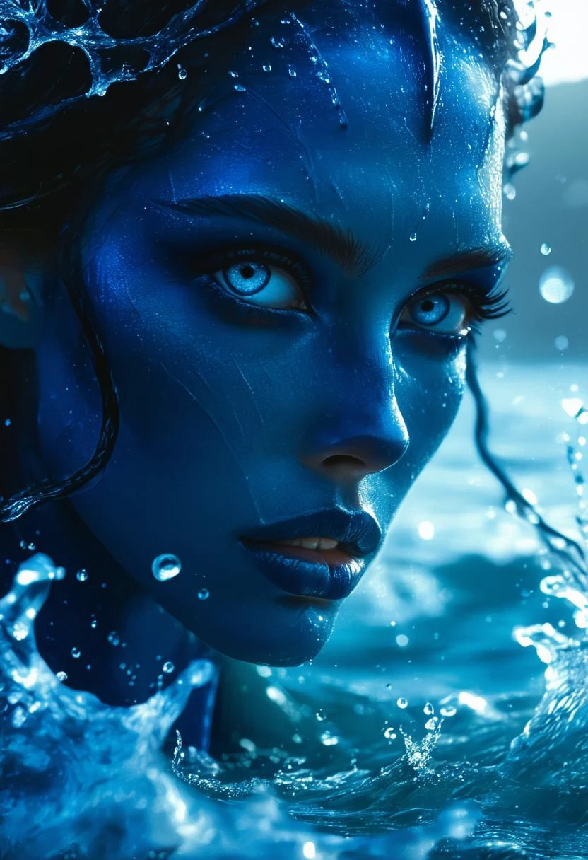 RAW photo, masterpiece, photorealistic, 8k, stunning eyes, skin detail,blue skin, skin pores, gills, blemishes, portrait photo of the majestic beautiful sea queen, at dawn, foggy, water splash, creepy scene, cinematic.