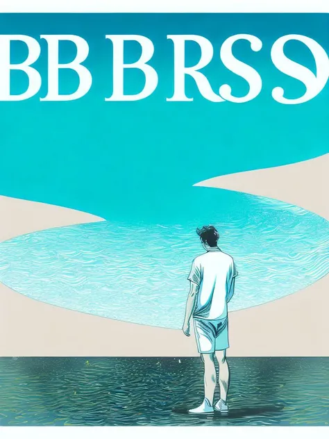 <lora:JonathanBarnbrook:1>a poster of a man standing in front of a body of water with the words bras on it by Jonathan Barnbrook