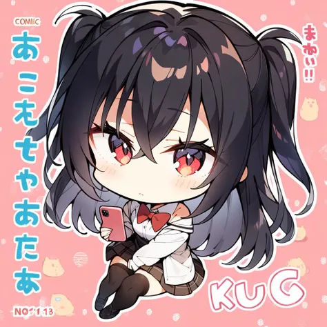 1girl,solo,chibi,chibi only,
k(comic:1.3),(title:1.3),closed mouth,black hair,red eyes,holding phone,1girl,thighhighs,phone,solo,holding,shirt,skirt,bow,bowtie,cellphone,cover,collared shirt,blush,white shirt,sitting,cover page,bangs,shoes,crossed bangs,looking at viewer,smartphone,long hair,hair between eyes,black thighhighs,off shoulder,long sleeves,two side up,masterpiece,best quality,from above,
masterpiece,best quality,very aesthetic,absurdre,<lora:sdxl_style_komowataharuka_adamw_fp8_kohakuep-V1.4-000008:1>,