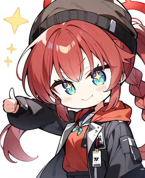 1girl,solo,chibi,chibi only,
maki\(blue_archive\),thumbs_up,solo,braid,halo,red_hair,twin_braids,hat,blue_eyes,white_background,beanie,simple_background,long_hair,+_+,looking_at_viewer,long_sleeves,upper_body,bangs,smile,hair_between_eyes,coat,brown_headwear,blush,blush_stickers,closed_mouth,jacket,hood,:t,shirt,
masterpiece,best quality,very aesthetic,absurdre,<lora:sdxl_style_komowataharuka_adamw_fp8_kohakuep-V1.4-000008:1>,