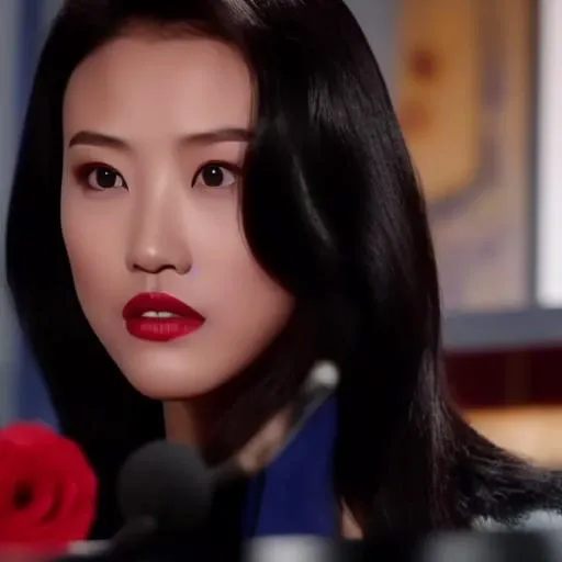 KathyChow,  defined jawline, high cheekbones, almond-shaped eyes with dark irises,  well-defined and arched eyebrows,  a look of intensity or concentration, straight nose,  refined nasal bridge. full lips,  a red or crimson shade of lipstick.