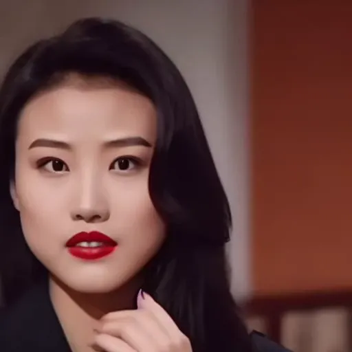 KathyChow, defined jawline, high cheekbones, almond-shaped eyes with dark irises, well-defined and arched eyebrows, a look of intensity or concentration, straight nose, refined nasal bridge. full lips, a red or crimson shade of lipstick.