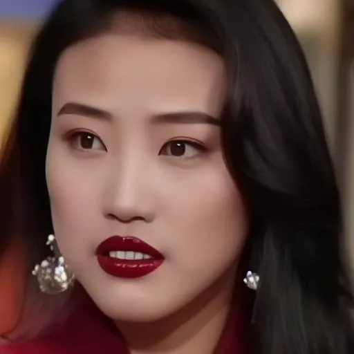 KathyChow, defined jawline, high cheekbones, almond-shaped eyes with dark irises, well-defined and arched eyebrows, a look of intensity or concentration, straight nose, refined nasal bridge. full lips, a red or crimson shade of lipstick.