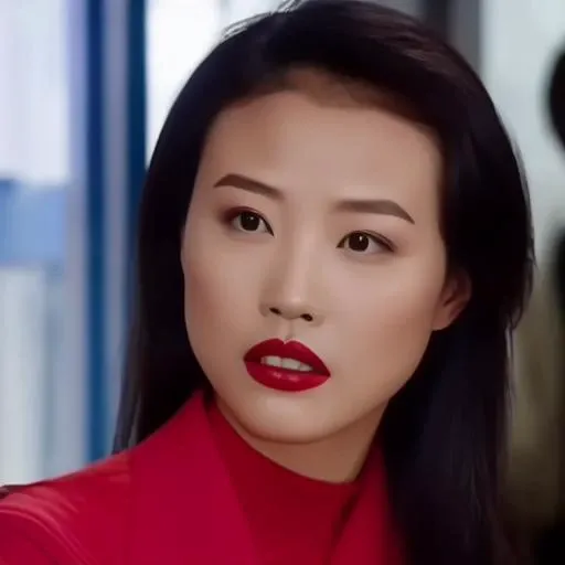 KathyChow, defined jawline, high cheekbones, almond-shaped eyes with dark irises, well-defined and arched eyebrows, a look of intensity or concentration, straight nose, refined nasal bridge. full lips, a red or crimson shade of lipstick.