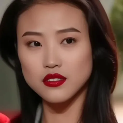 KathyChow, defined jawline, high cheekbones, almond-shaped eyes with dark irises, well-defined and arched eyebrows, a look of intensity or concentration, straight nose, refined nasal bridge. full lips, a red or crimson shade of lipstick.