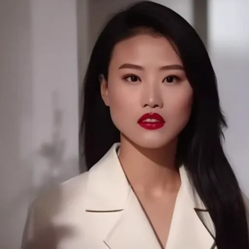 KathyChow,  defined jawline, high cheekbones, almond-shaped eyes with dark irises,  well-defined and arched eyebrows,  a look of intensity or concentration, straight nose,  refined nasal bridge. full lips,  a red or crimson shade of lipstick.
