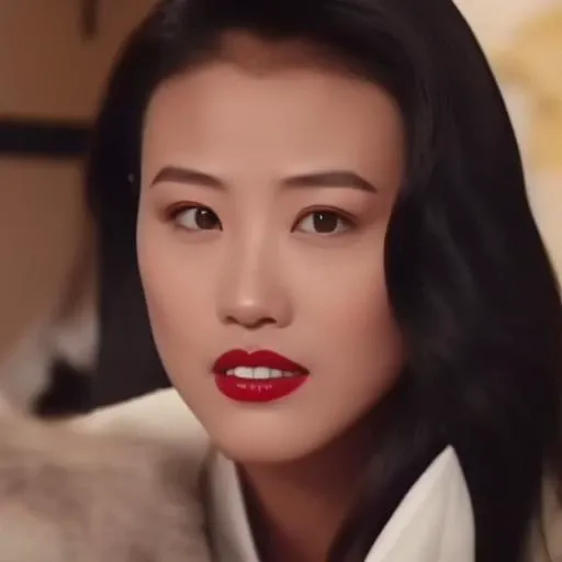 KathyChow, defined jawline, high cheekbones, almond-shaped eyes with dark irises, well-defined and arched eyebrows, a look of intensity or concentration, straight nose, refined nasal bridge. full lips, a red or crimson shade of lipstick.