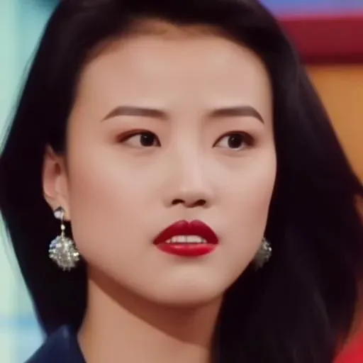 KathyChow,  defined jawline, high cheekbones, almond-shaped eyes with dark irises,  well-defined and arched eyebrows,  a look of intensity or concentration, straight nose,  refined nasal bridge. full lips,  a red or crimson shade of lipstick.