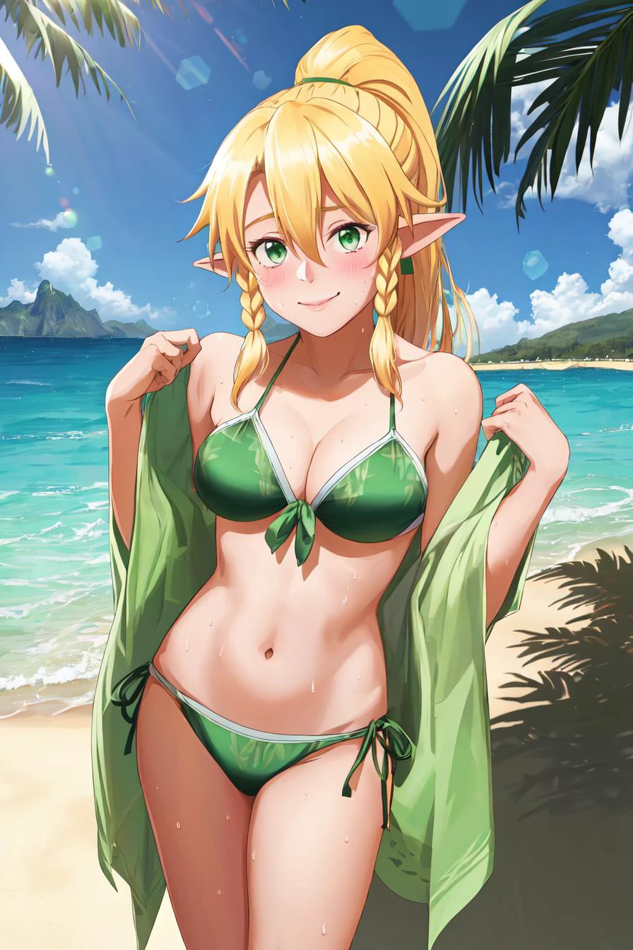 ((((solo)))), 1girl, ((perfect anatomy)), (((masterpiece))), best quality, looking at viewer, (((perfect anatomy))), <lora:Leafa:0.7>, (((leafa))), green bikini, blonde hair, long hair, green eyes, pointy ears, green bikini, sky, twin braids, navel, cloud, hair between eyes, side-tie bikini bottom, ponytail, front-tie top, very long hair, ocean, small breasts, lens flare, side braid, blush, cleavage, front-tie bikini top, bangs, ((green bikini)), mountain background, sweat, ocean bay, beach, standing on beach, palm tree, smirk,