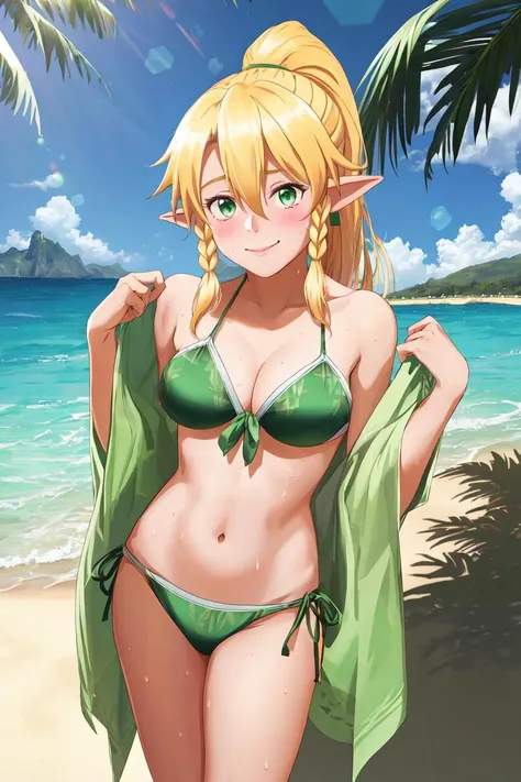 ((((solo)))), 1girl, ((perfect anatomy)), (((masterpiece))), best quality, looking at viewer, (((perfect anatomy))),  <lora:Leafa:0.7>, (((leafa))), green bikini, blonde hair, long hair, green eyes, pointy ears, green bikini, sky, twin braids, navel, cloud, hair between eyes, side-tie bikini bottom, ponytail, front-tie top, very long hair, ocean, small breasts, lens flare, side braid, blush, cleavage, front-tie bikini top, bangs, ((green bikini)), mountain background, sweat, ocean bay, beach, standing on beach, palm tree, smirk,