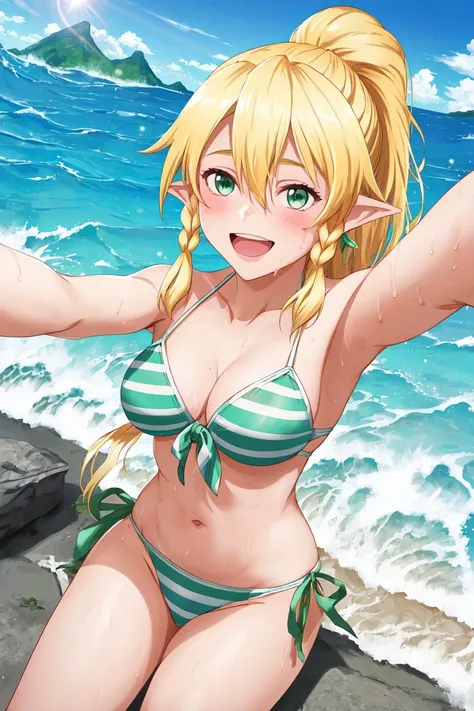 ((((solo)))), 1girl, ((perfect anatomy)), (((masterpiece))), best quality, looking at viewer, (((perfect anatomy))),  <lora:Leafa:0.7>, (((leafa))), green bikini, blonde hair, long hair, green eyes, pointy ears, open mouth, green striped bikini, sky, twin braids, navel, smile, cloud, hair between eyes, side-tie bikini bottom, ponytail, front-tie top, very long hair, ocean, :d, small breasts, lens flare, side braid, blush, cleavage, front-tie bikini top, bangs, ((green bikini)), mountain background, ((((waves)))), ((low angle)), sweat, sitting on rock, ocean bay, ((((selfie)))), outstretched arm, beach,