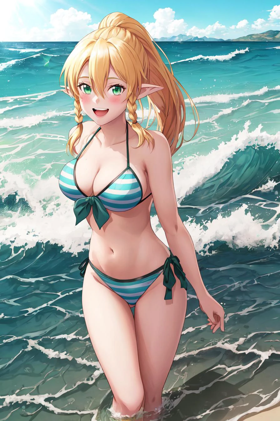 ((((solo)))), 1girl, ((perfect anatomy)), (((masterpiece))), best quality, looking at viewer, (((perfect anatomy))), <lora:Leafa:0.7>, leafa, 1girl, swimsuit, bikini, blonde hair, long hair, breasts, solo, green eyes, pointy ears, braid, open mouth, day, striped bikini, sky, twin braids, navel, smile, outdoors, cloud, hair between eyes, side-tie bikini bottom, wading, ponytail, front-tie top, very long hair, ocean, looking at viewer, :d, medium breasts, lens flare, side braid, blush, groin, standing, cleavage, sunlight, front-tie bikini top, bangs, ((green bikini)), mountain background, ((((waves)))), low angle, detailed water,