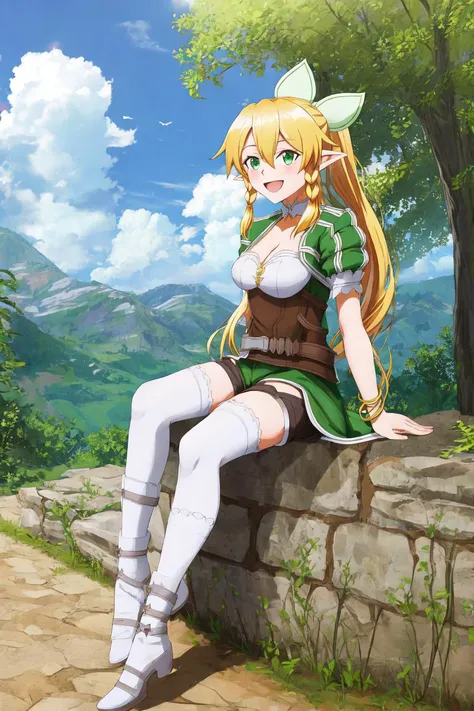 <lora:Leafa:0.8>, (((leafa))), 1girl, long hair, blonde hair, breasts, cleavage, sword, green eyes, weapon, solo, pointy ears, open mouth, thighhighs, very long hair, hair between eyes, sitting, braid, shorts, medium breasts, smile, white thighhighs, bracelet, jewelry, twin braids, ponytail, looking at viewer, :d, arm support, side braid, full body, planted, between legs, outdoors, nature, planted sword, shiny