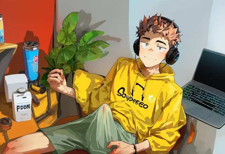 score_9, score_8_up, score_7_up, score_6_up, score_5_up, score_4_up, male focus, solo, whole body shot of a 19yo skinny, slim, college sophomore twink, gamer, perfect eyes, grey eyes, flawless, beautiful face, triangular face, red short hair, wearing a yellow hoodie, wearing translucent olive green running shorts, sitting at a coffee house with headphones behind a laptop computer , line art illustration, afternoon lighting, sly smile at the camera
<lora:CockUnderXL-Pony-v1alpha:1> (cockunderxl,wetxl:1), (pantssnakexl-R:1), (erection under clothes, erection under clothing, erection:0.95)
<lora:betm:1>
