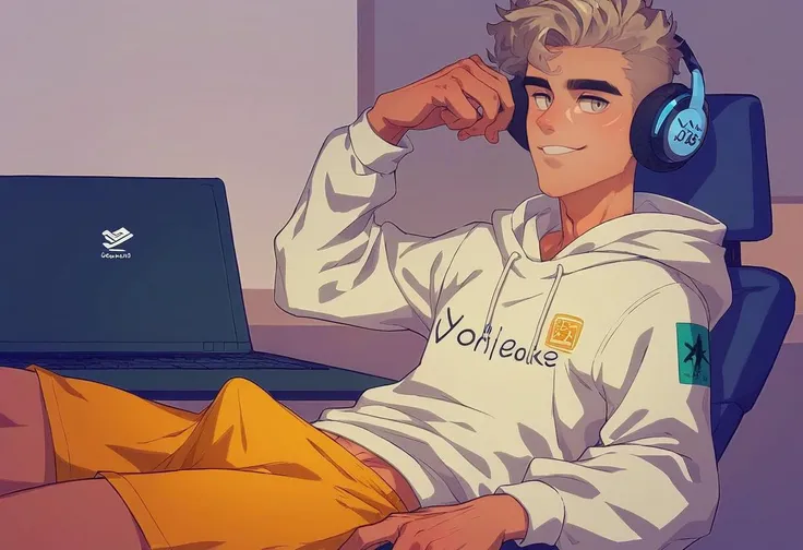score_9, score_8_up, score_7_up, score_6_up, score_5_up, score_4_up, male focus, solo, whole body shot of a 19yo skinny, slim, college sophomore twink, youtuber, perfect eyes, grey eyes, flawless, beautiful face, triangular face, light blond scruffy hair, wearing a tan hoodie, wearing translucent yellow running shorts, sitting at a coffee house with headphones behind a laptop computer , line art illustration, afternoon lighting, sly smile at the camera, lofi thumbnail
<lora:CockUnderXL-Pony-v1alpha:1> (cockunderxl,wetxl:1), pantssnakexl-L:1), (erection under clothes, erection under clothing, erection:0.95)
<lora:EldritchRomanceIllustration_1.0.5:1>
