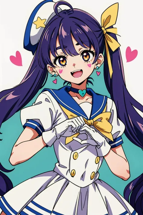 1girl, solo, bow, long hair, hair bow, multiple hair bows, yellow bow, gloves, hat, purple hair, magical girl, heart, purple dress, purple choker, bow earrings, choker, facial mark, white gloves, open mouth, smile, sailor hat, very long hair, fingerless gloves, pink bow, jewelry, dress, earrings, :d, upper body, striped bow, brown eyes, looking at viewer, multicolored eyes, ahoge, heart cutout, hat bow, twintails, symbol in eye, striped, white headwear, signature, teeth, heart in eye, aqua eyes, multi-tied hair, <lora:1shot:0.6>