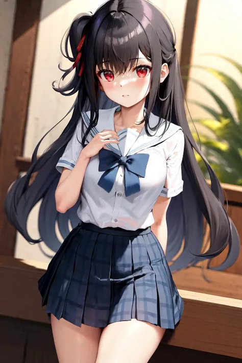 (8k、Best image quality、highest quality、masterpiece)、Detailed face、 One girl、Black Hair、Long Hair、Grey Eyes、evil smile、Small breasts、((serafuku))、Long sleeve、((Navy blue pleated skirt))、((skirt lift))、((pussy))、Cowboy Shot、Shoot from below、Gym storeroom