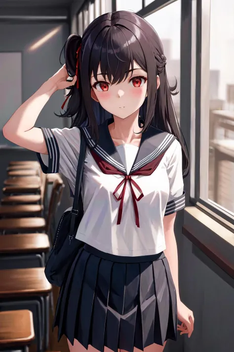 (extremely details CG、8K Wallpapers)、(extremely delicate and beautiful)、(​masterpiece)、(top-quality:1.0)、(超A high resolution:1.0)、beautiful  lighting、perfect lightning bolt、realistic shadow、[hight resolution]、Detailed skin、ultra-detailliert、detailed faces and eyes、Realistic eyes、Sharp pupils、Colossal tits、cowboy  shot, Inside the classroom、Schools、Evening glow、beauitful face、blurry backround、16-year-old beautiful girl、shinny skin、Side Up、Beautiful black hair、Blunt bangs、Red Eye、(Katyusha:1.2)、a sailor suit、Pleated miniskirt、Curve、Sitting on a desk、(Opening legs、You can see light panties.:1.2)、Gentle smile、