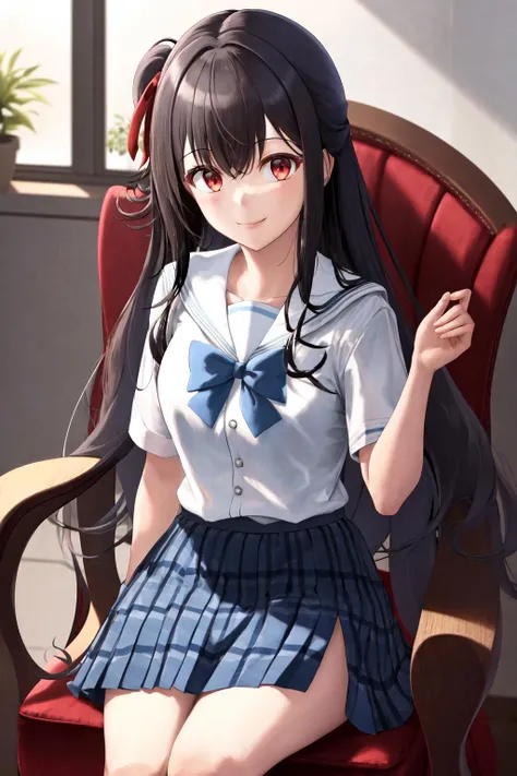 masterpiece, best quality, highres, 1girl red ribbon hair ribbon, serafuku white shirt blue bow blue skirt plaid skirt <lora:nagisa_natsunagi:1> sitting on chair, smile