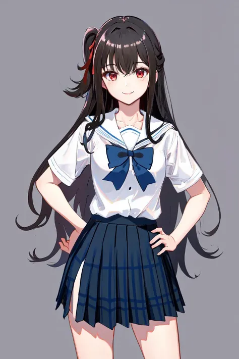 masterpiece, best quality, highres, kasumigaoka utaha, 1girl, solo, pantyhose, long hair, black pantyhose, skirt, black hair, hairband, red eyes, pleated skirt, long legs, white hairband, serafuku, jacket, cowboy shot, smile,