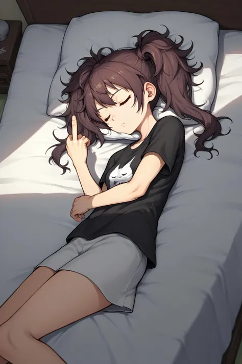 source_anime, score_9, score_8_up, 1girl, solo, <lora:persona4_kujikawa_ponyXL:1> kujikawadef, twintails, yasogami, black t-shirt, sleeping, middle finger, bed, messy hair