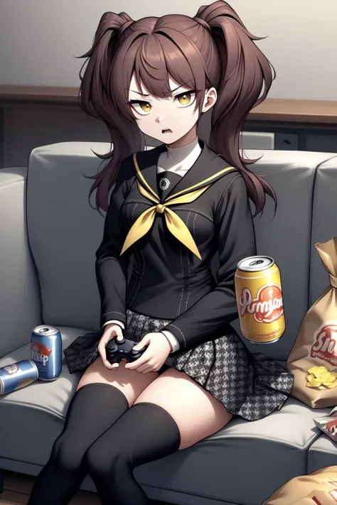 source_anime, score_9, score_8_up, 1girl, solo, <lora:persona4_kujikawa_ponyXL:1> kujikawadef, twintails, yasogami school uniform, black serafuku, yellow neckerchief, long black sleeves, black skirt, houndstooth, black thighhighs, bored, sitting, sofa, beer can, open mouth, burp, controller, mess, chips bag