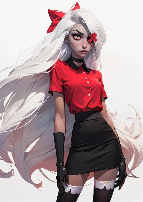 1girl, portrait.(Vaggie:1.0), (hotel outfit, red shirt, black skirt, stockings, gloves:1.5), (eye patch) (pink sclera, black pupil, grey skin, white hair, long hair, hair bow:1.2), (white background:1.5), (realistic:1.2), (masterpiece:1.2), (full-body-shot:1),(Cowboy-shot:1.2), neon lighting, dark romantic lighting, (highly detailed:1.2),(detailed face:1.2), (gradients), colorful, detailed eyes, (detailed landscape:1.2), (natural lighting:1.2), (cute pose:1.2), (solo, one person, 1girl:1.5), standing, <lora:VaggieHazbinHotel-09:0.8> <lora:add_detail:0.15> <lora:hipoly3DModelLora_v10:0.05> <lora:RSERomantic_RSESofiko_RSEEmma-v1:0.1> <lora:BeautifulEyes:0.65> <lyco:coloredSkin-08:0.4>