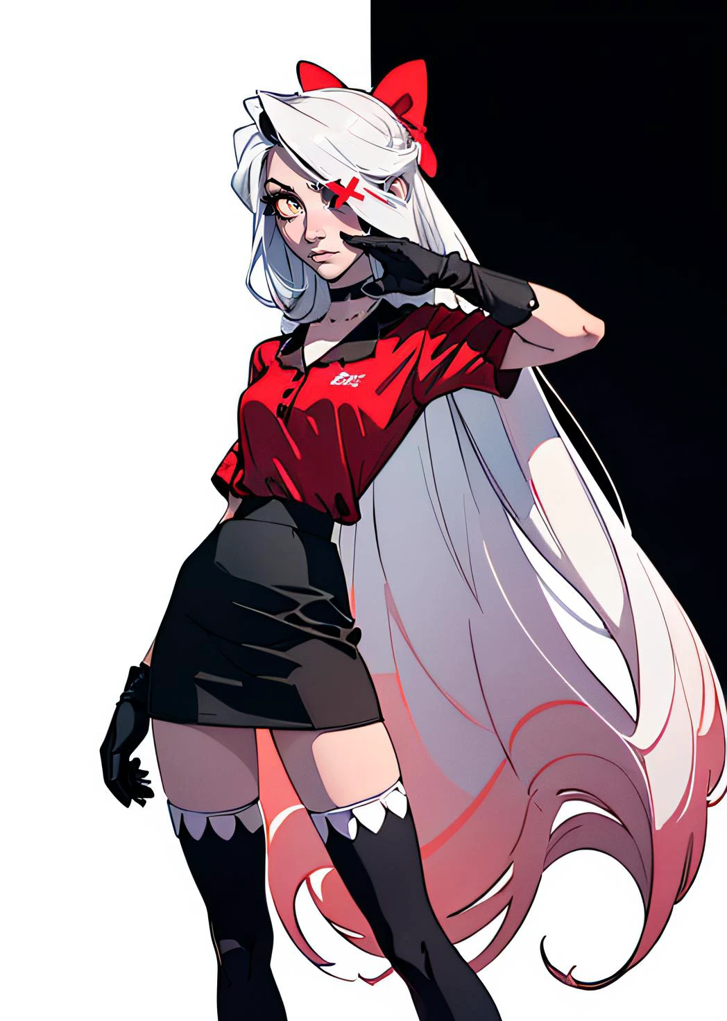 (Vaggie:1.0), (hotel outfit, red shirt, black skirt, stockings, gloves:1.5), (pink sclera, black pupil, grey skin, white hair, long hair, hair bow:1.2), (white background:1.5), (realistic:1.2), (masterpiece:1.2), (full-body-shot:1),(Cowboy-shot:1.2), neon lighting, dark romantic lighting, (highly detailed:1.2),(detailed face:1.2), (gradients), colorful, detailed eyes, (detailed landscape:1.2), (natural lighting:1.2), (cute pose:1.2), (solo, one person, 1girl:1.5), standing, <lora:VaggieHazbinHotel-09:0.8> <lora:add_detail:0.15>