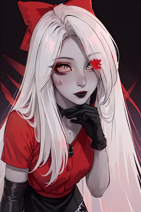 (vaggie:1.5),(detailed face,detailed_eyes beautiful face, realistic eyes), (hotel outfit, red shirt, black skirt, stockings, gloves:1.5), (pink sclera, black pupil, grey skin, white hair, long hair, hair bow:1.2), ((solo)) <lora:VaggieHazbinHotel-09:0.8> <lyco:coloredSkin-08:0.4>