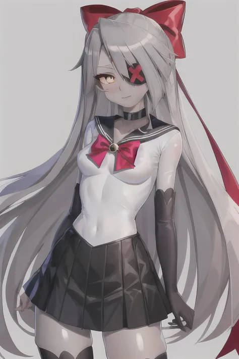 1 girl, long silver hair, eyepatch, sexy, dark elf, (gray skin:2), dark skin, undead, <lora:VaggieHazbinHotel-09:0.8> (VAGGIE), (GREY/GRAY SKIN, WHITE HAIR, PINK SCLERA, YELLOW PUPILS, LONG HAIR), hair bow,
BREAK
sailor outfit, skirt, bodysuit,<lora:Sailor Outfit:0.3>