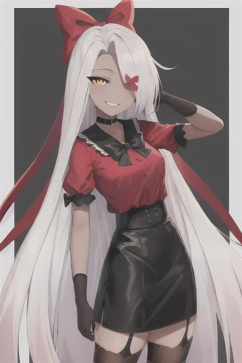 1girl, smiling, gothic background <lora:VaggieHazbinHotel-09:0.7> (VAGGIE), (GREY/GRAY SKIN, WHITE HAIR, PINK SCLERA, YELLOW PUPILS, LONG HAIR), (HOTEL OUTFIT, RED SHIRT, BLACK SKIRT, STOCKINGS, GLOVES, BOW)