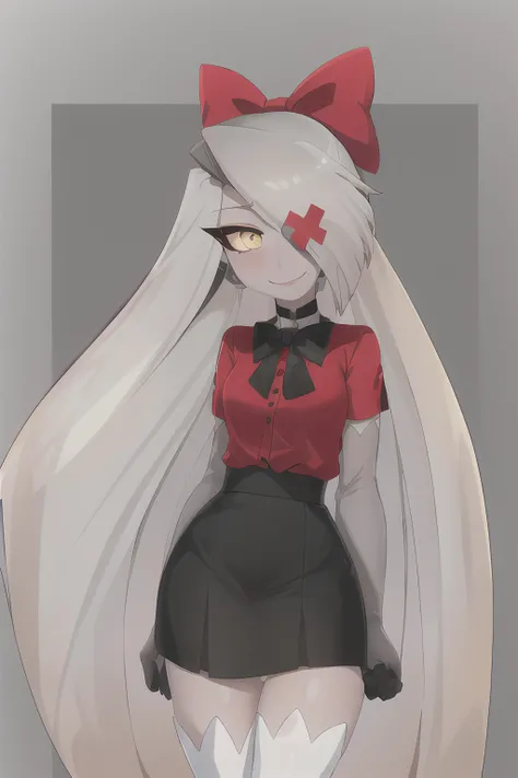 1girl, cyclops, smirking, fancy colorful background, (gray skin:2), <lora:VaggieHazbinHotel-09:0.65> (VAGGIE), (GREY/GRAY SKIN, WHITE HAIR, PINK SCLERA, YELLOW PUPILS, LONG HAIR), (HOTEL OUTFIT, RED SHIRT, BLACK SKIRT, STOCKINGS, GLOVES, BOW)