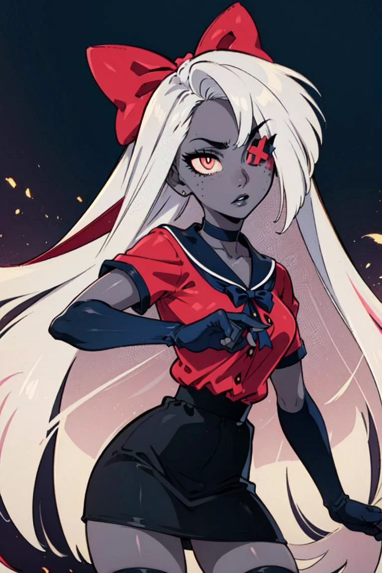 (Vaggie:1.2), (Hotel Outfit), (black choker, red shirt with a black collar, black skirt, navy stockings, long navy gloves, hair bow:1.2), (pastel-pink sclera, black pupil, grey skin, white hair, long hair, hair bow:1.2), (realistic:1.2), (masterpiece:1.2), (full-body-shot:1),(Cowboy-shot:1.2), neon lighting, dark romantic lighting, (highly detailed:1.2),(detailed face:1.2), (gradients), colorful, detailed eyes, (detailed landscape:1.2), (natural lighting:1.2), (dynamic pose:1.2), (solo, one person, 1girl:1.5), standing, <lora:VaggieHazbinHotel-09:0.7> <lora:add_detail:0.15> <lora:hipoly3DModelLora_v10:0.05> <lora:RSERomantic_RSESofiko_RSEEmma-v1:0.1> <lora:BeautifulEyes:0.65> <lyco:coloredSkin-08:0.4>