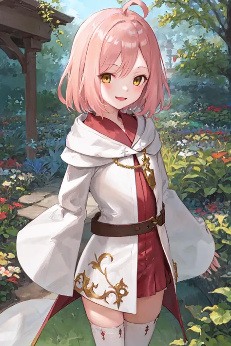matrishka, 1girl, coral-colored hair, smile, faded-gold eyes, white robe, ahoge, masterpiece, best quality, white mage robe, zettai ryouiki, garden, botanical garden, hands to the side, upper body, smile,