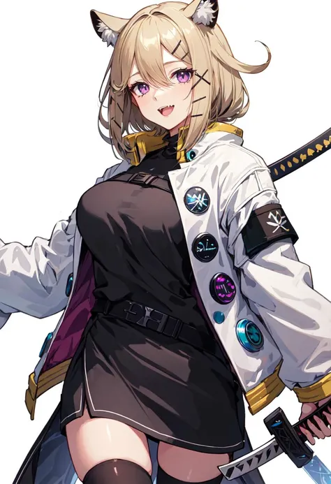 best quality, masterpiece, highres, solo, (utage_arknights:1.10), 1girl, long sleeves, open jacket, smile, white jacket, katana, looking at viewer, holding sword, scabbard, simple background, black thighhighs, grey shirt, x hair ornament, hair between eyes, open mouth, white background, cowboy shot, dress, 3 <lora:utage_arknights:0.80>