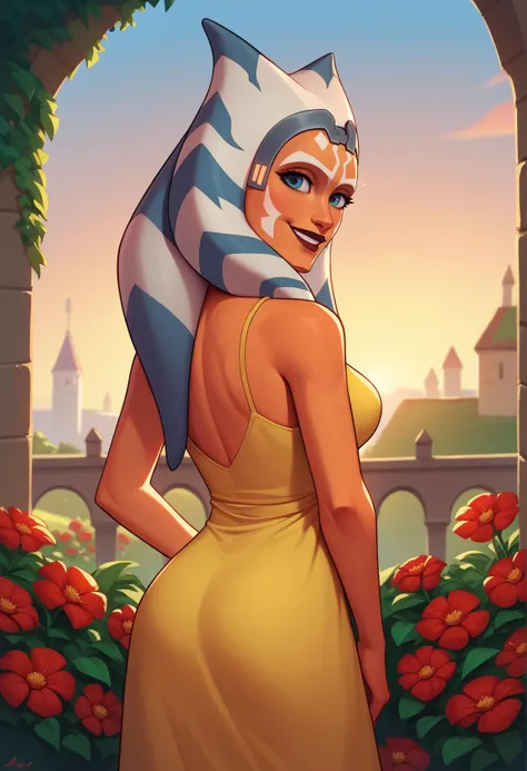 score_9, score_8_up, score_7_up, female, solo, grey headband, ahss7, medium breasts, <lora:AhsokaS7PDXL_V1-Manityro-adamw:0.8>, outdoors, sunset, garden, village, looking at viewer, smile, red flowers, yellow sundress, from behind