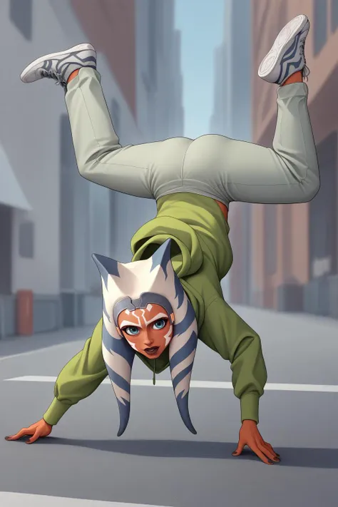 score_9, score_8_up, 1girl, <lora:AhsokaS7PDXL_V1-Manityro-adamw:1> AhsS7, grey headband, green hoodie, grey baggy pants, sneakers, handstand, street background