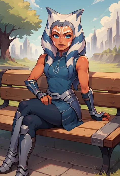 score_9, score_8_up, 1girl, solo, AhsS7, grey headband, Outfit1, blue shirt, sleeveless, vambraces, fingerless gloves, hip armor, blue skirt, blue leggings, knee boots, sitting, on bench, crossed legs, <lora:AhsokaS7PDXL_V1-Manityro-adamw:1.0>