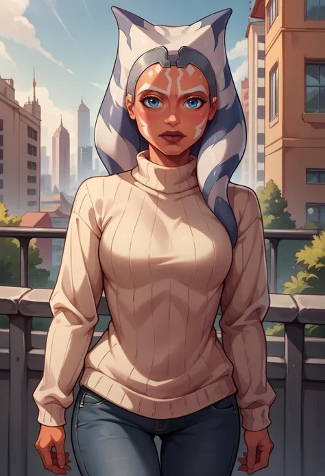 score_9, score_8_up, 1girl, solo, AhsS7, grey headband, sweater, ribbed sweater, long sleeves, jeans, outdoors, city, <lora:AhsokaS7PDXL_V1-Manityro-adamw:1.0>