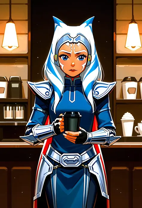 score_9, score_8_up, score_7_up,  source_anime, coffee shop holding single drink, ahss7, outfit1, fingerless gloves, cowboy shot, silver trim, hip armor, vambraces, grey headband, <lora:AhsokaS7PDXL_V1-Manityro-adamw:0.5>,,