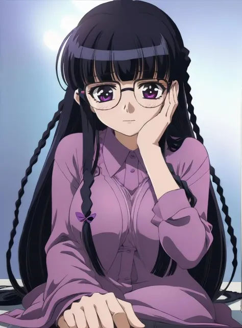 <lora:KyokoYa-002:0.8>,(Contemporary office with glass walls background:1.2),(night gown:1.2, (Kneeling with hands on the floor :1), 1girl, solo, long hair, glasses, braid, purple eyes, twin braids, bangs, blunt bangs, black hair, large breast, (sorry face), detailed background, finely detailed